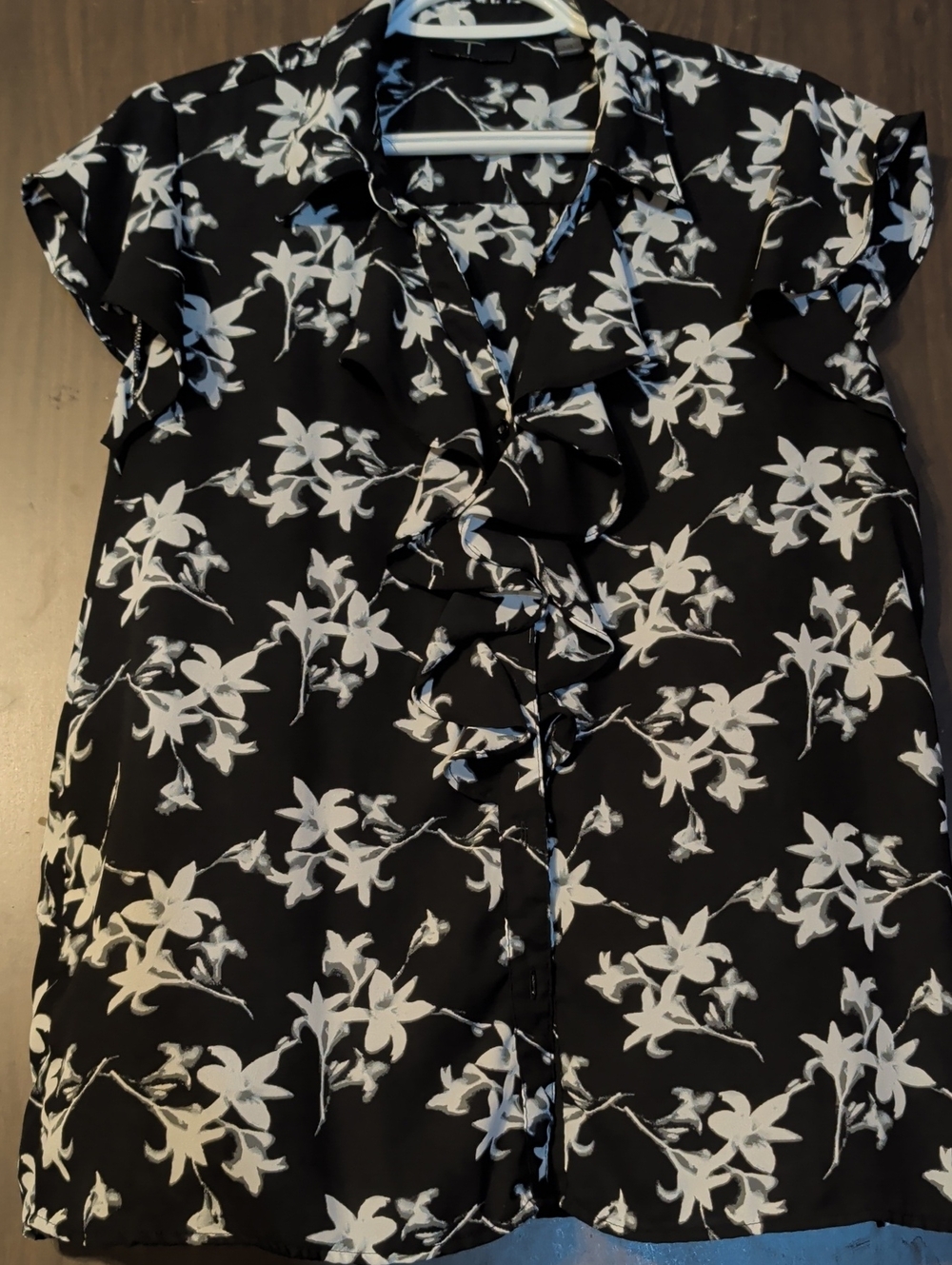 Tahari Black Floral Ruffle Front Blouse